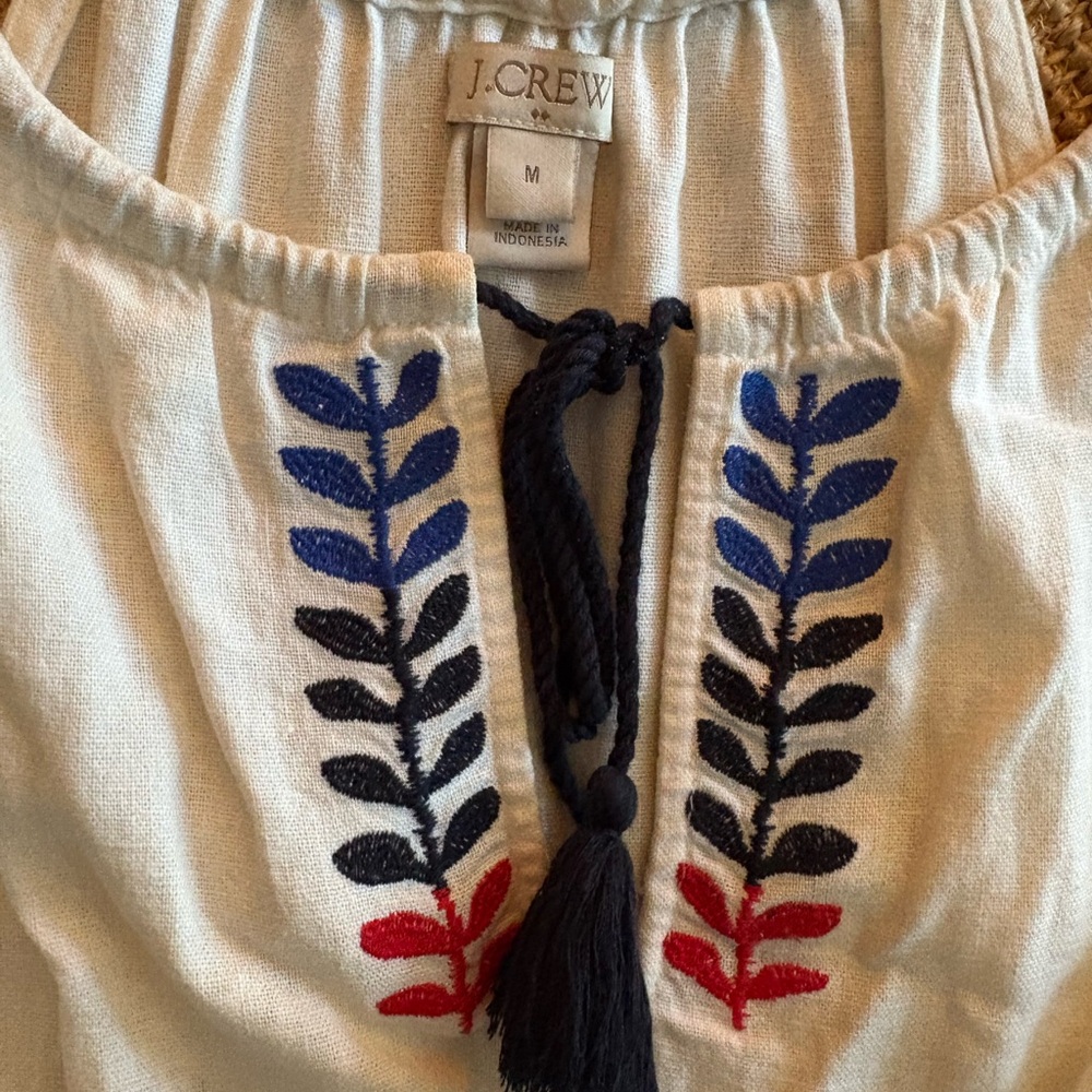 Vintage J.Crew Cream linen maxi dress with Blue and Red Embroidery. NWOT